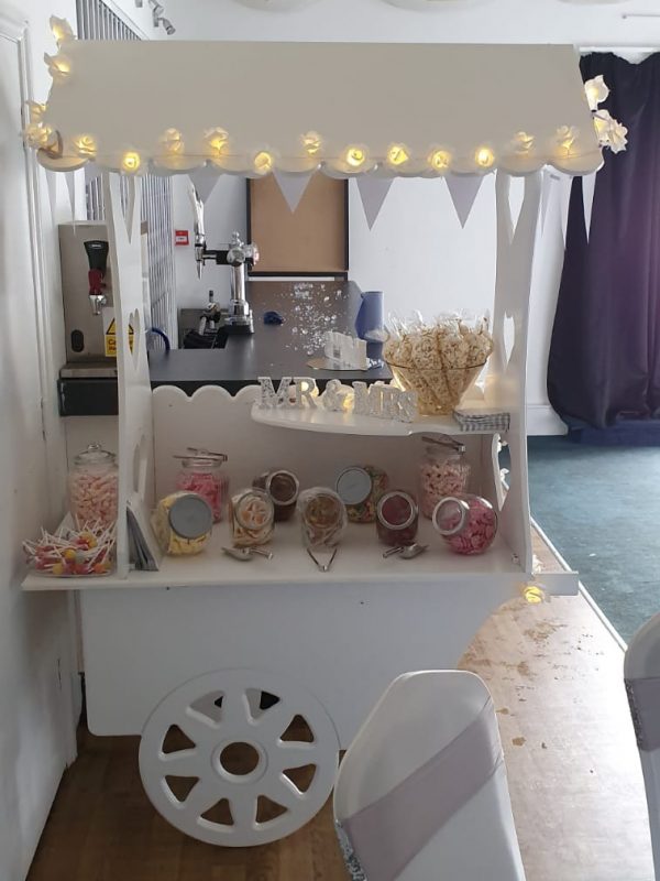 sweet cart for hire from SOS Entertainment, filled with sweets for wedding