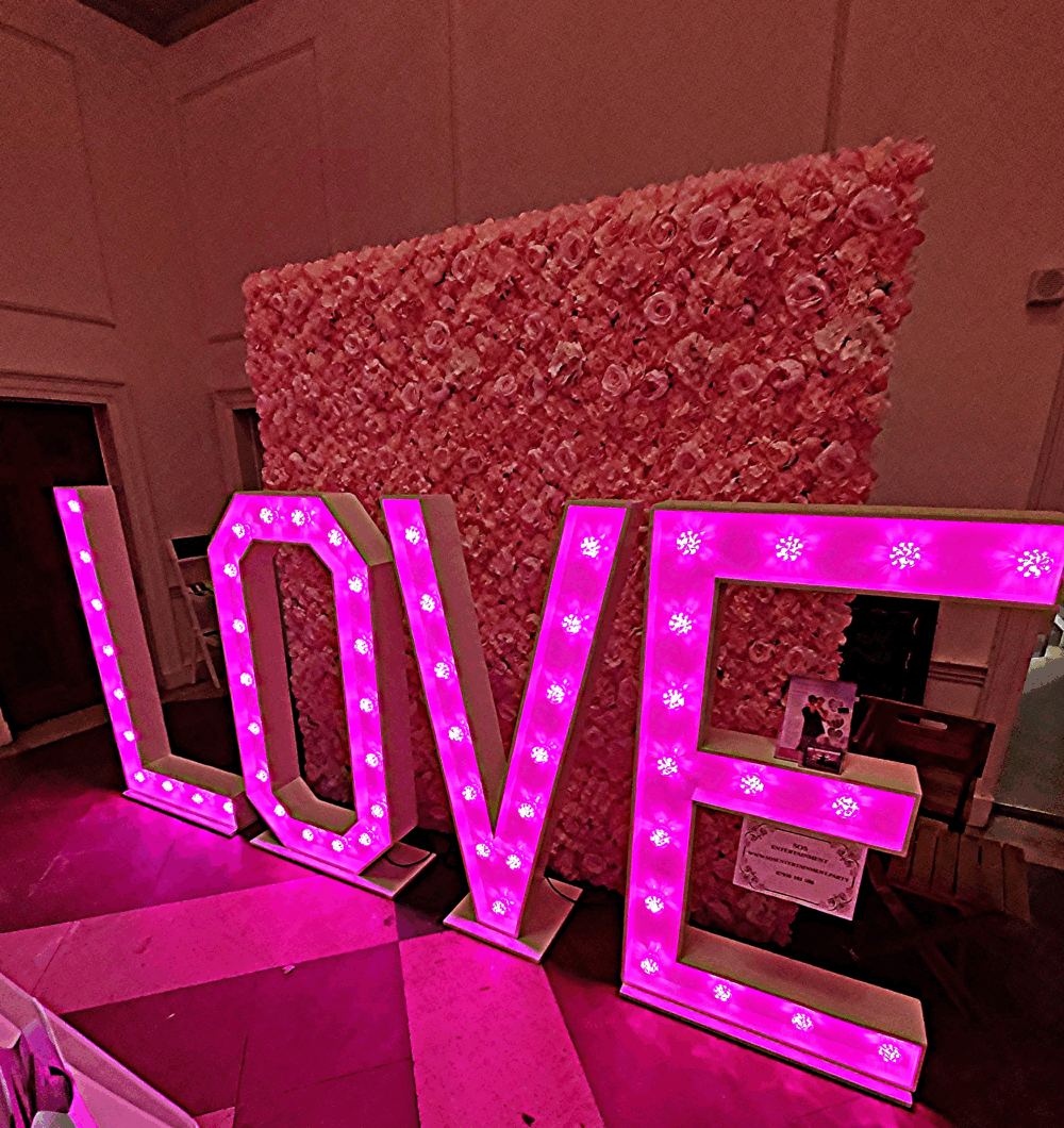 flower wall for hire, love lights hire