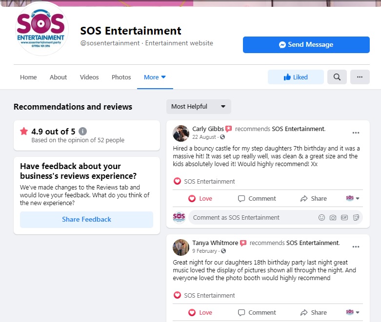 Facebook page for customer reviews, customer testimonials, SOS Entertainment