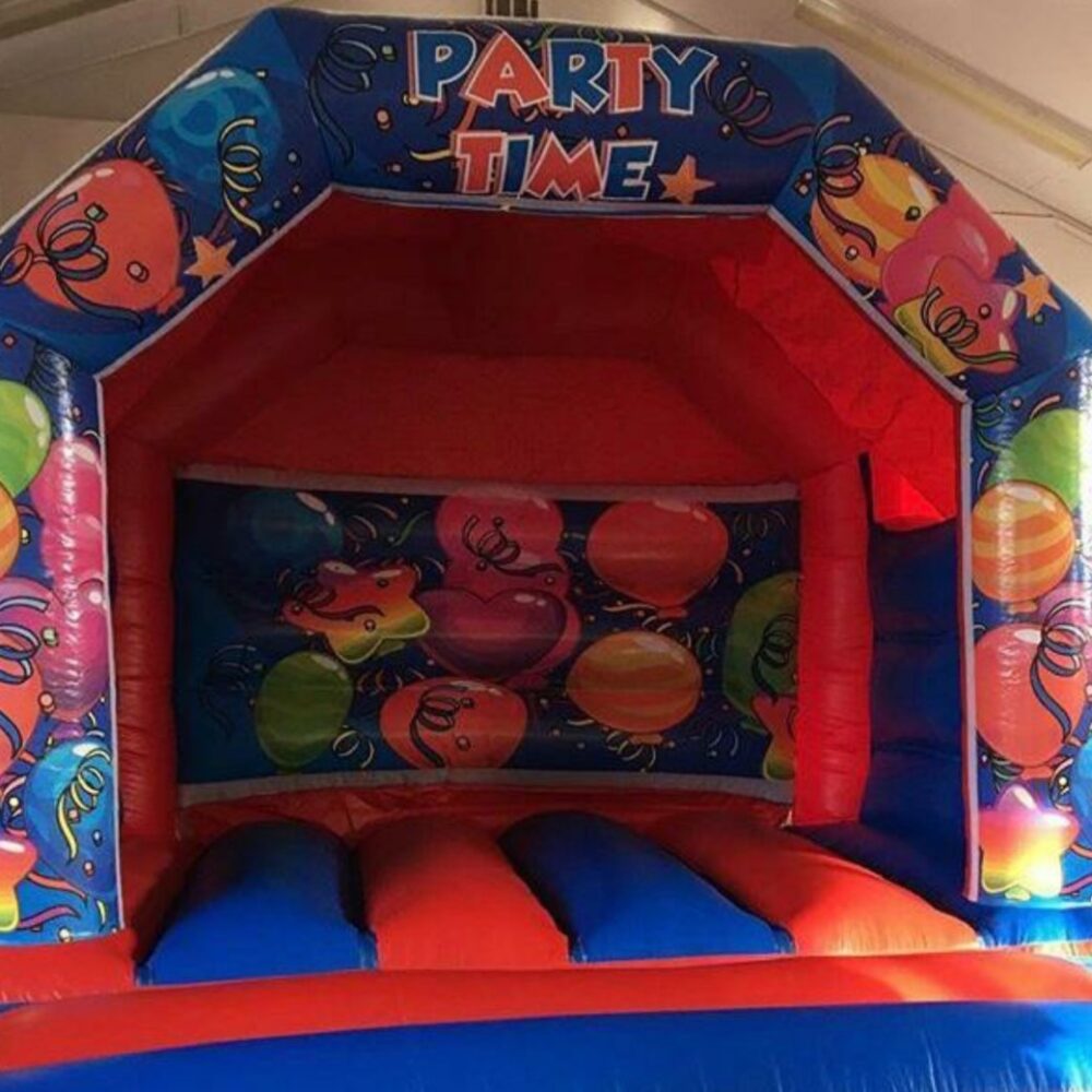 bouncy castle hire, party time balloon theme bouncy castle