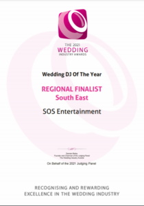 SOS ENTERTAINMENT Sean is Regional Finalist in The Wedding Industry Awards 2021 - Wedding DJ of the Year