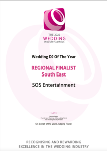 SOS ENTERTAINMENT Sean is Regional Finalist in The Wedding Industry Awards 2022 - Wedding DJ of the Year