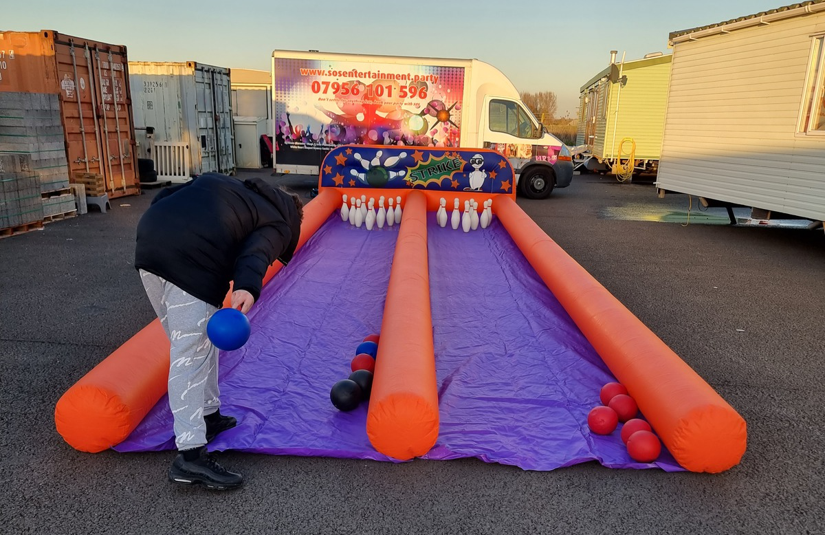 inflatable bowling alley for hire at parties, events and home with accessories included, Kent, Sussex, Essex, London