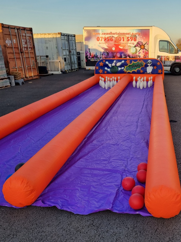 inflatable bowling alley for hire at parties, events and home with accessories included, Kent, Sussex, Essex, London